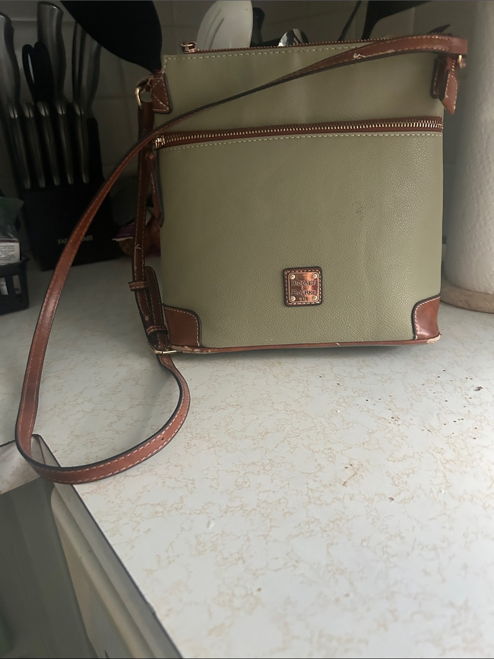 Dooney & Bourke Olive Crossbody with Brown Trim and Gold Hardware